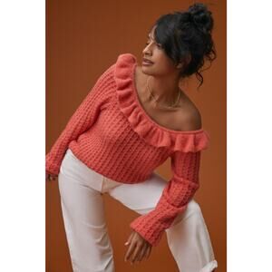 NEW Anthropologie Ruffled Boat Neck Pink Coral Sweater - Size: M